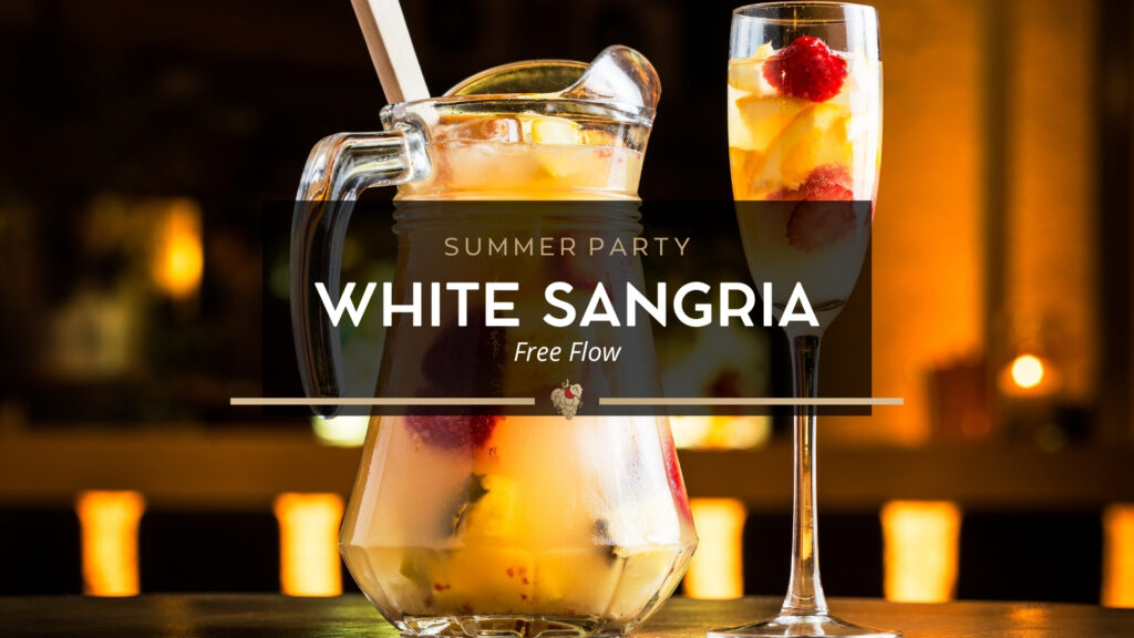 Banner for our Summer Party White Sangria Free flow. A white sangria pitcher and a full glass are on a counter.