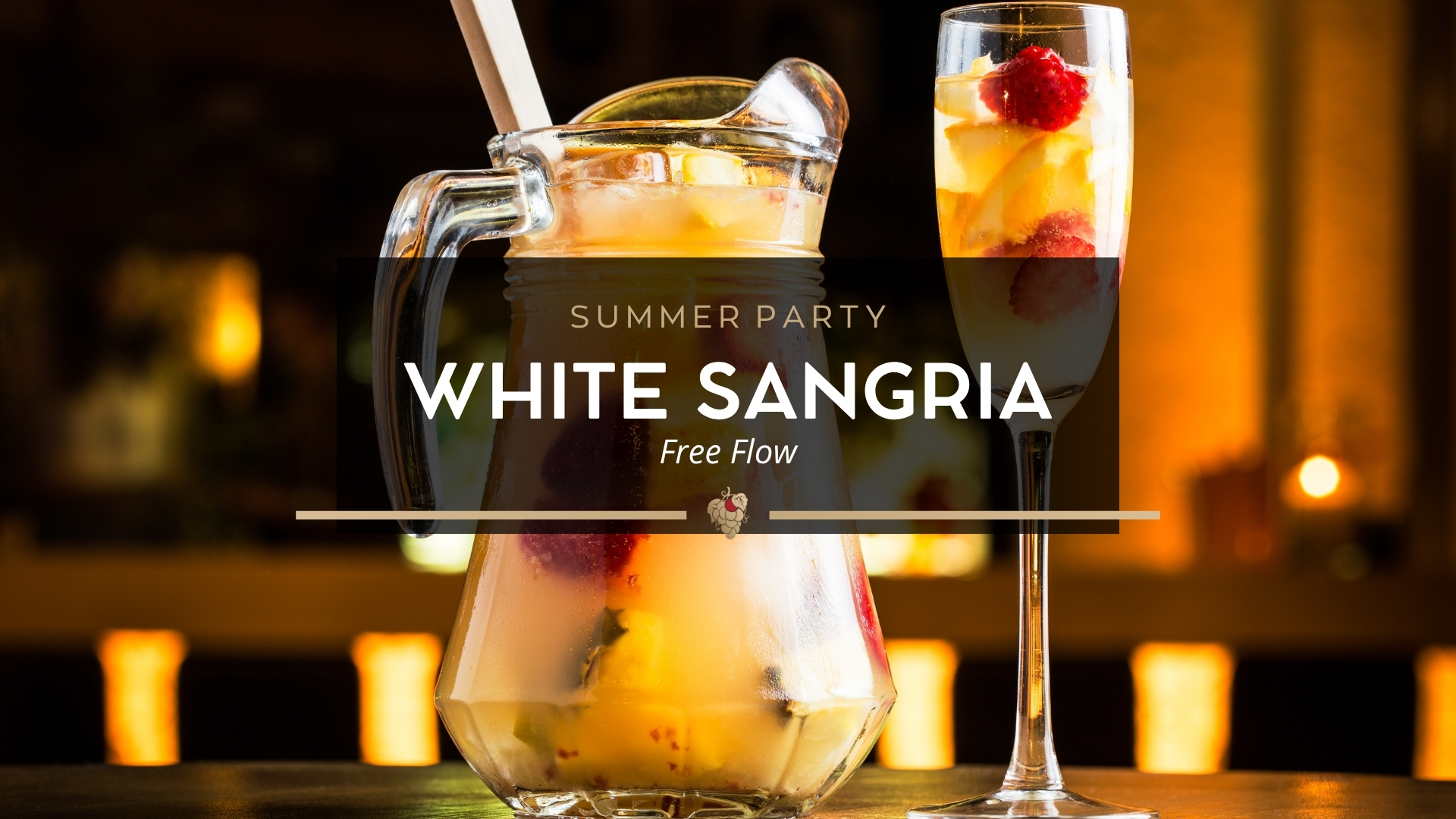 Banner for our Summer Party White Sangria Free flow. A white sangria pitcher and a full glass are on a counter.